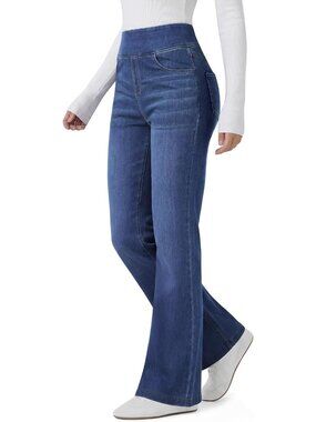 Medium Blue Stretchy Flare Jeans for Women - Casual Pull-On Denim Pants